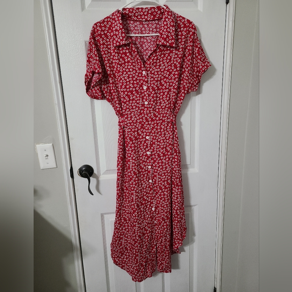 Vintage style red collared tie waist dress cute abstract floral print womens med